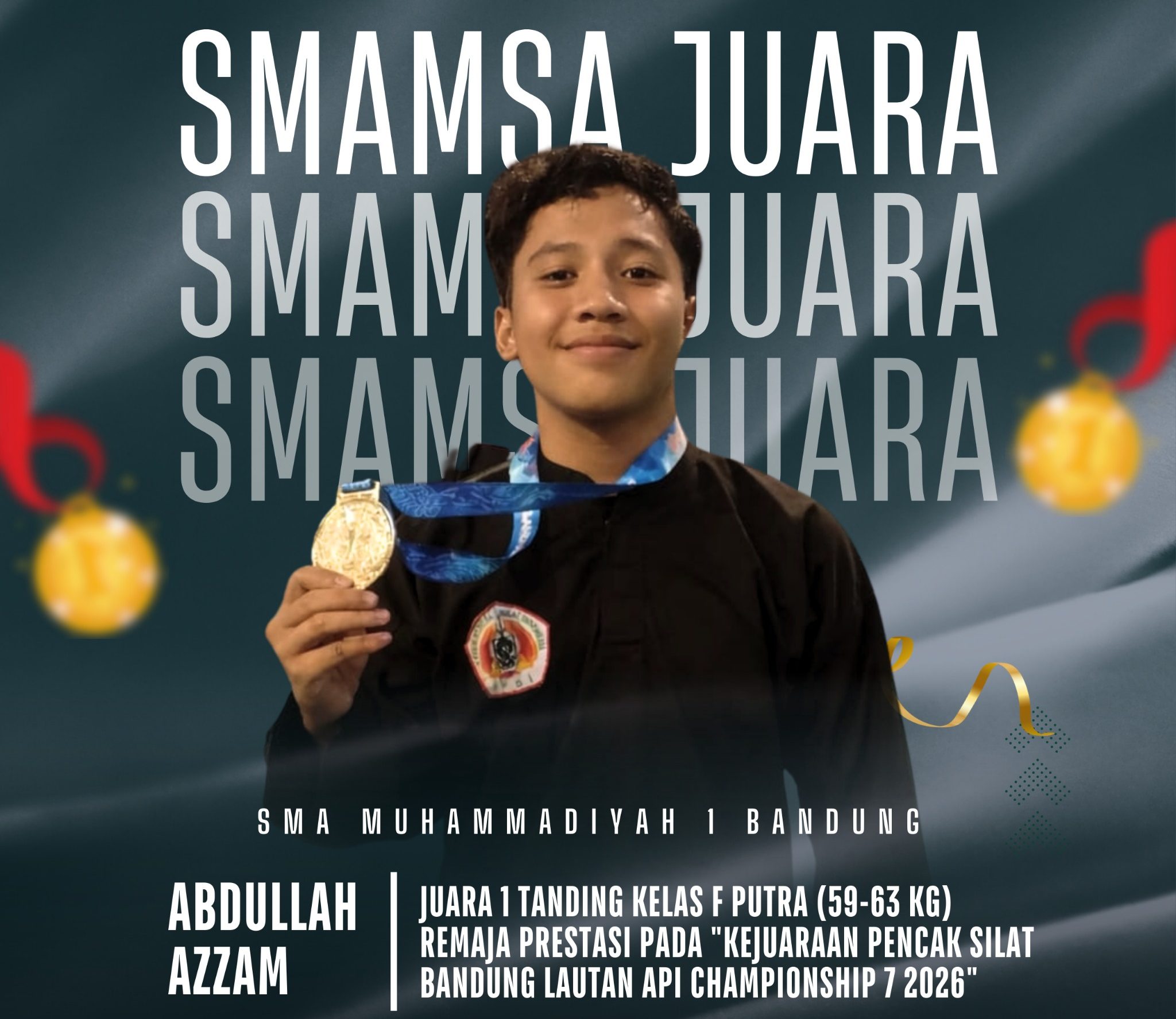Murid SMA Muhammadiyah 1 Bandung meraih predikat Juara 1 Tanding pada KEJUARAAN PENCAK SILAT BANDUNG LAUTAN API CHAMPIONSHIP 7